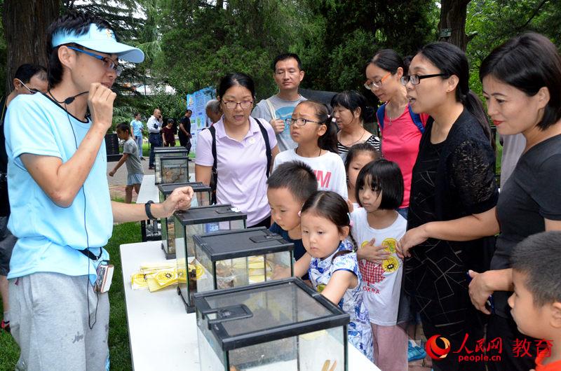 圖為工作人員向家長(zhǎng)和孩子講授蜘蛛習(xí)性 王子文/攝