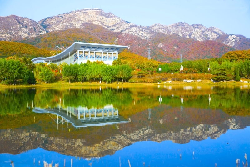 大連理工大學(xué)開發(fā)區(qū)校區(qū)內(nèi)，碧波、藍(lán)天、紅葉交相輝映。王增強(qiáng)攝