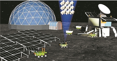 利用原始風化層在月球上制造太陽能電池的模擬圖。圖中機器人負責獲取原始風化層並將其運送到生產(chǎn)設施，安裝生產(chǎn)后的太陽能電池可為未來月球棲息地甚至城市供電。圖片來源：德國波茨坦大學
